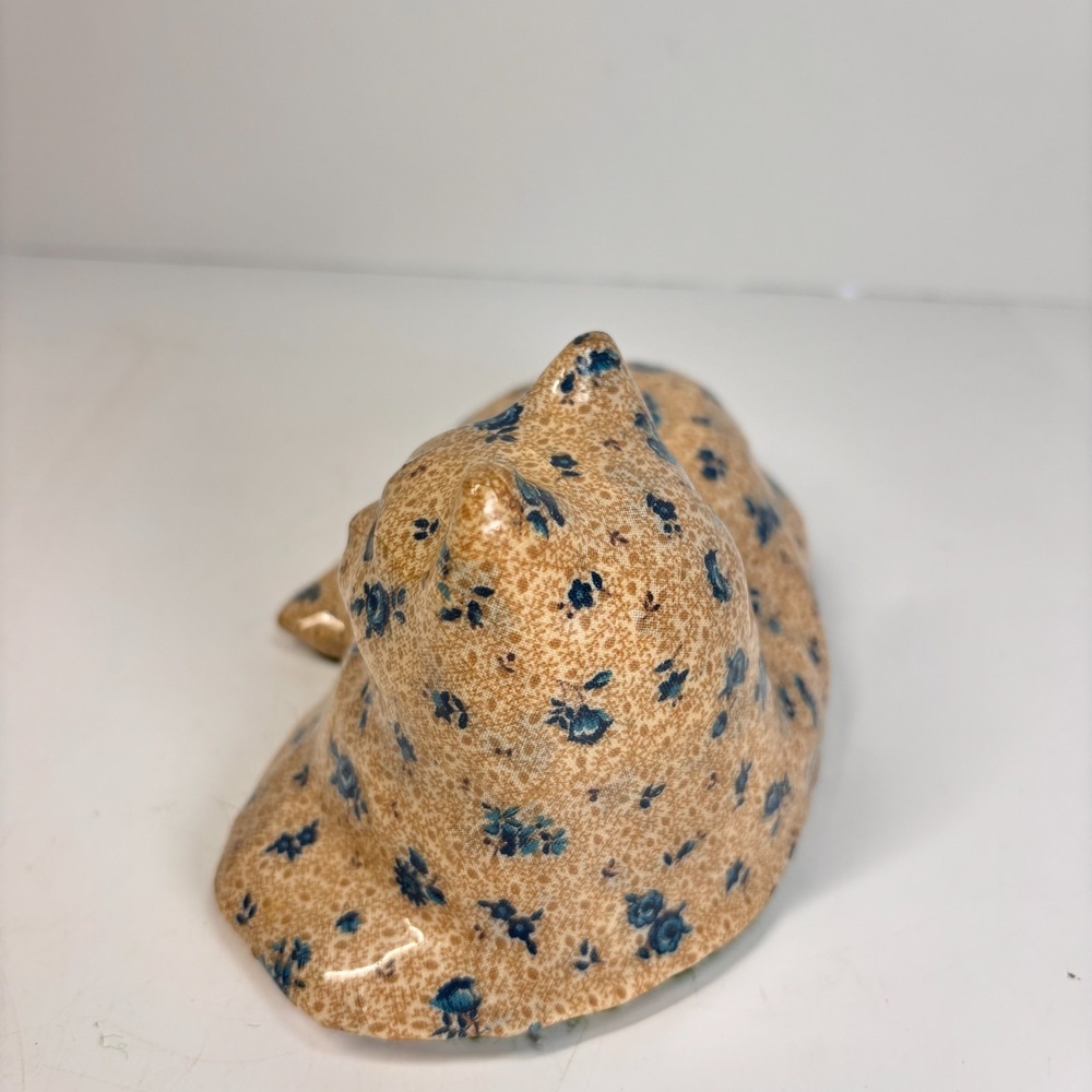 Vintage Papier Mache Cat Figurine Floral Blue Flower Decoupage Cottagecore Decor - Picture 7 of 12